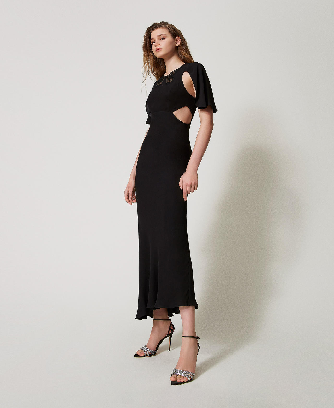 Long dress with cut-outs and an embroidered butterfly