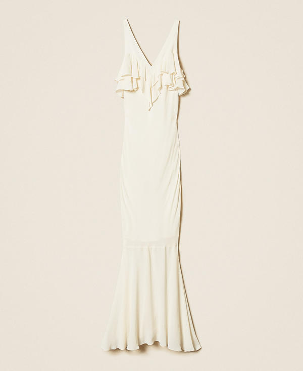 Abito lungo in cr&ecirc;pe con balze