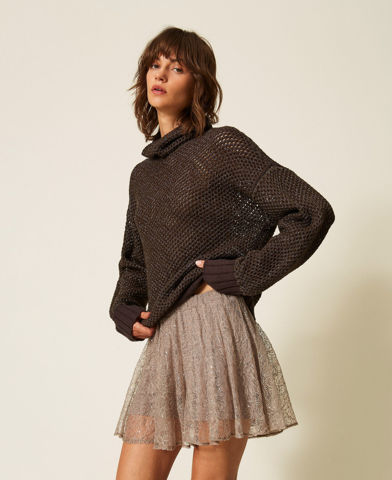 TWINSET - Pull col roulé en filet avec lurex, Femme, Marron Deep Brown, XXL