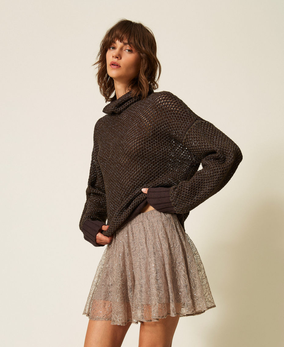 Netz-Rollkragenpullover mit Lurex Deep Brown Frau 262TF3010_13611_01