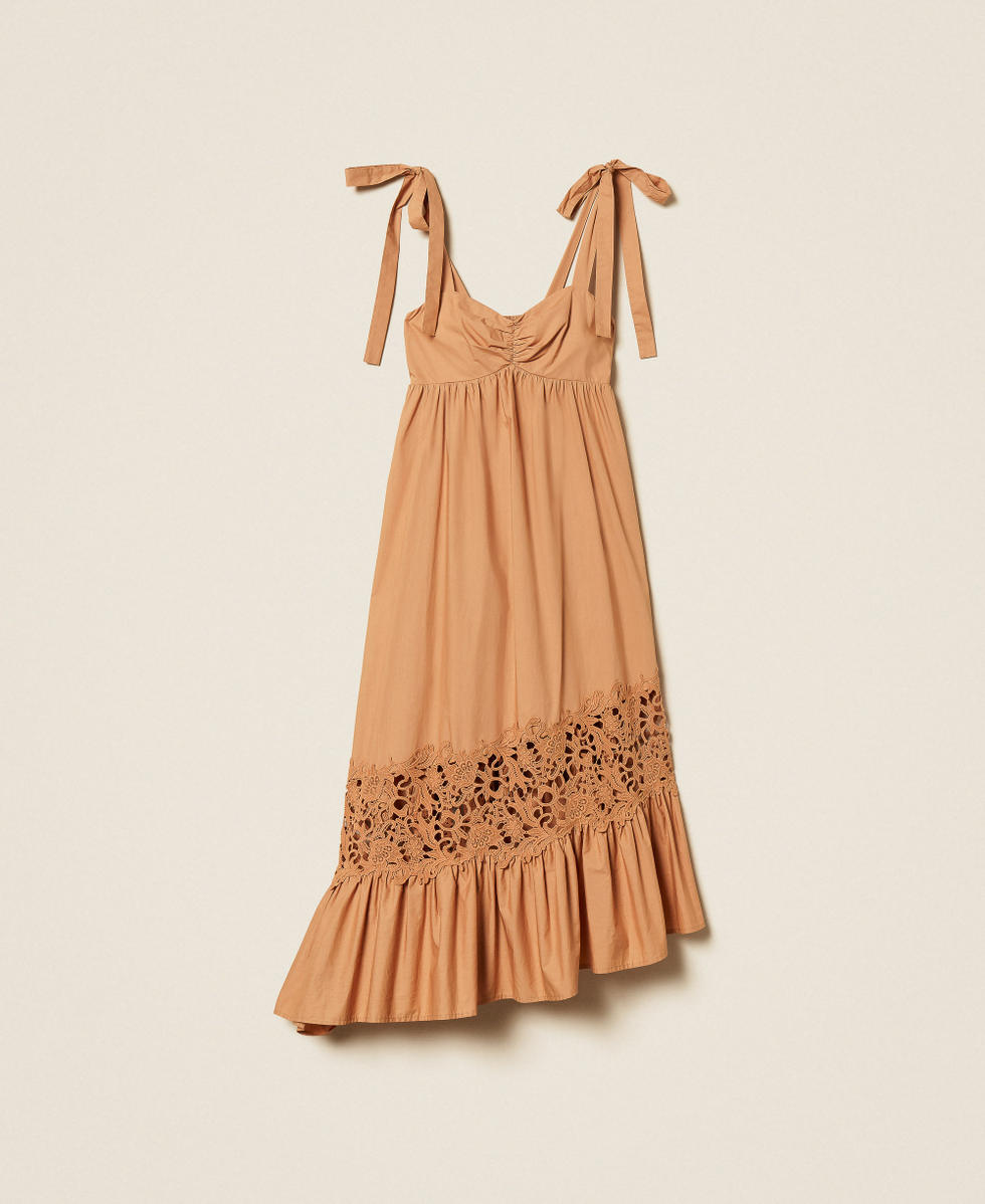 Poplin midi dress with macram&eacute; "Hazelnut" Brown Woman 261LB2ABB_10282_S0