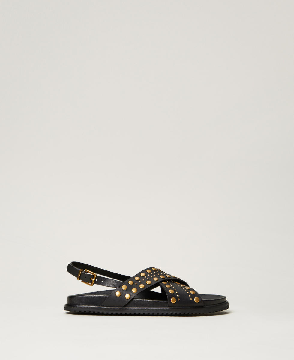 Leather sandals with studs Woman, Black | TWINSET Milano