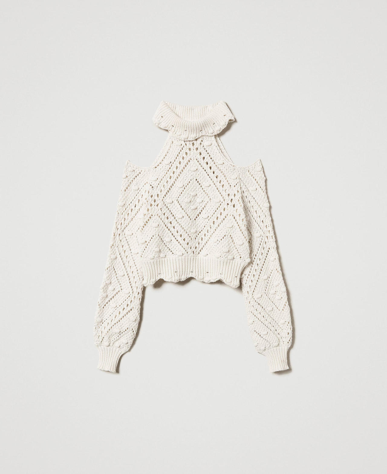 Cropped-Stehkragenpullover mit Lochmuster Light Natural Frau 251TP3540_12227_0S