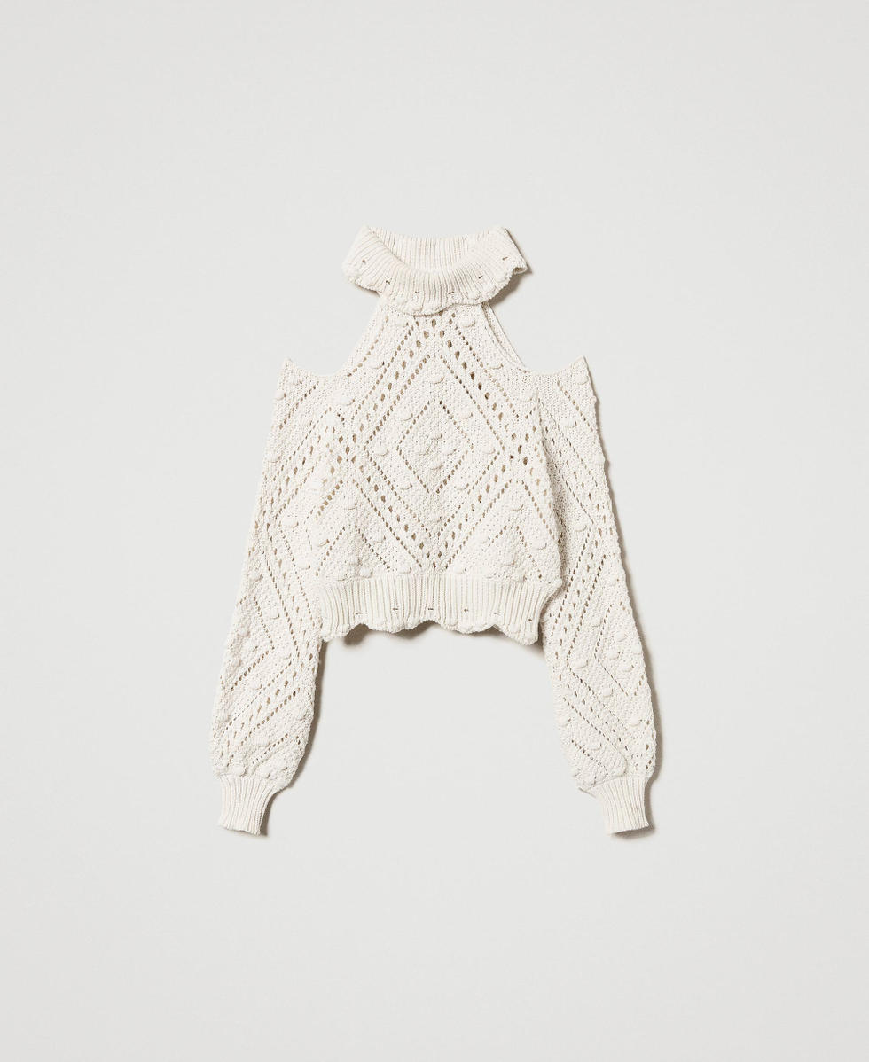 Openwork cropped turtleneck jumper Woman, Beige | TWINSET Milano