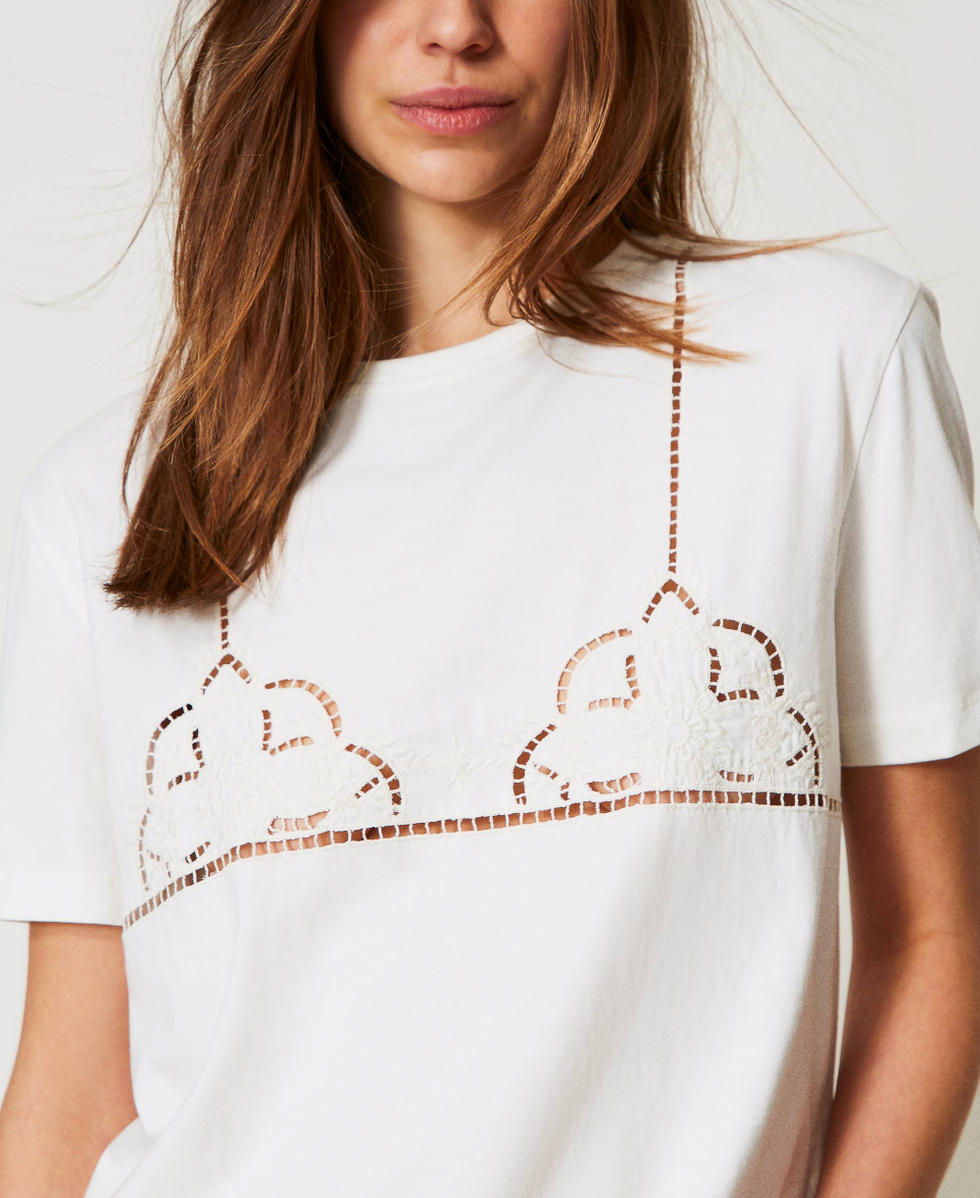 Cotton Letter Print V neck Openwork T-shirt Cotton Letter Print V neck Openwork T-shirt
