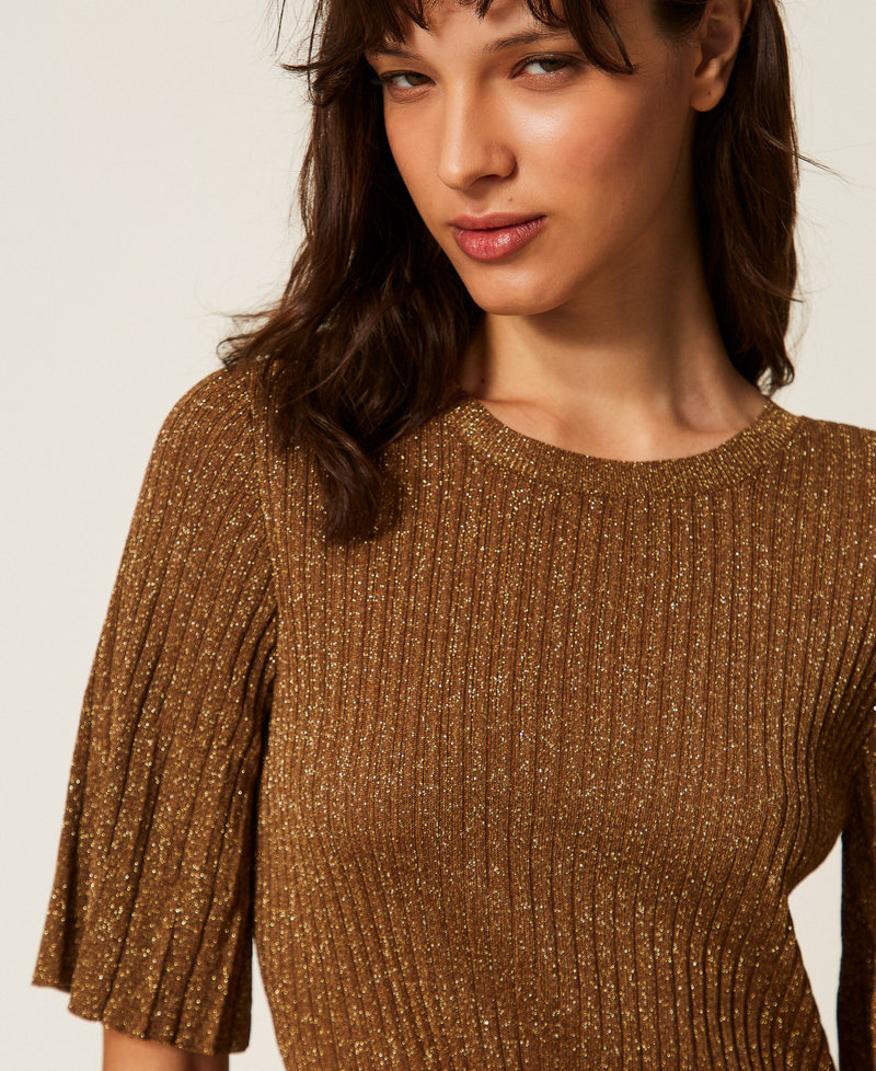 Kurzes Lurex-Strickkleid „Bubinga Wood“-Braun Lurexgold Frau 261TP3040_13361_04