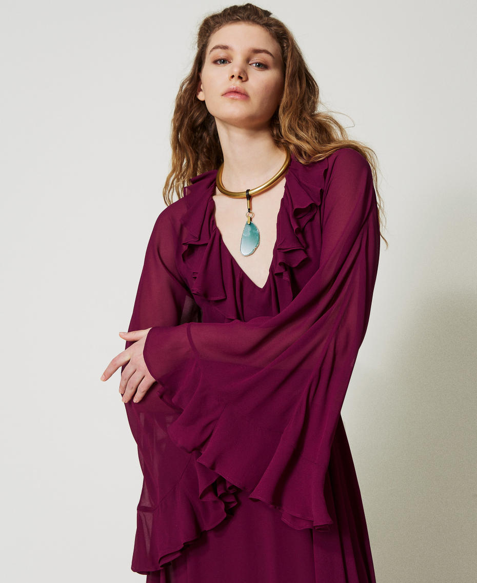 'Capri' long dress in georgette with ruffles “Red Plum” Purple Woman 251TS2070_05245_04