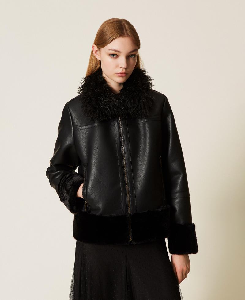 Faux leather jacket with faux fur Black Woman 252TP2410_00006_01
