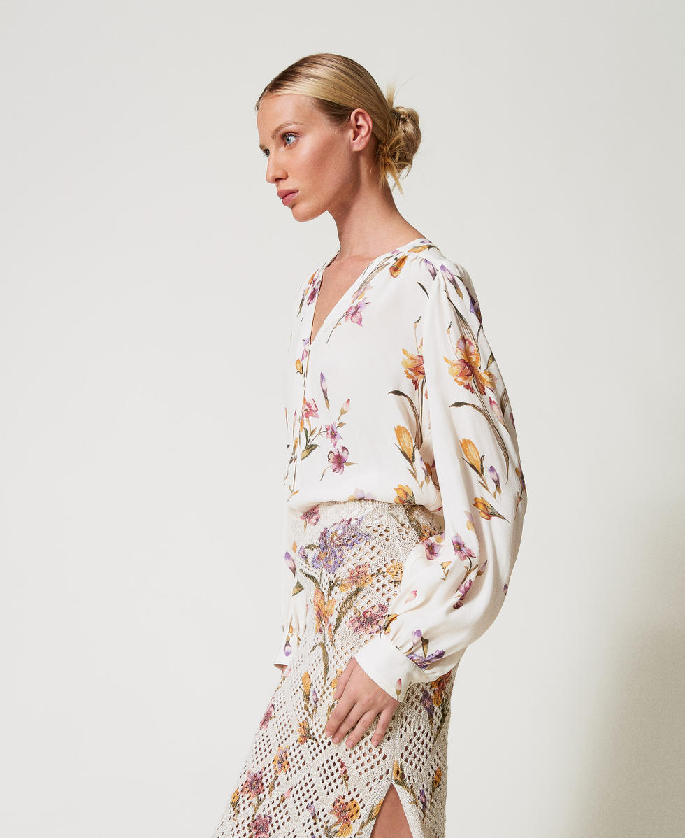 Camicia in cr&ecirc;pe de Chine a fiori Stampa Iris Multicolor / Madreperla Donna 251TP2774_12329_06