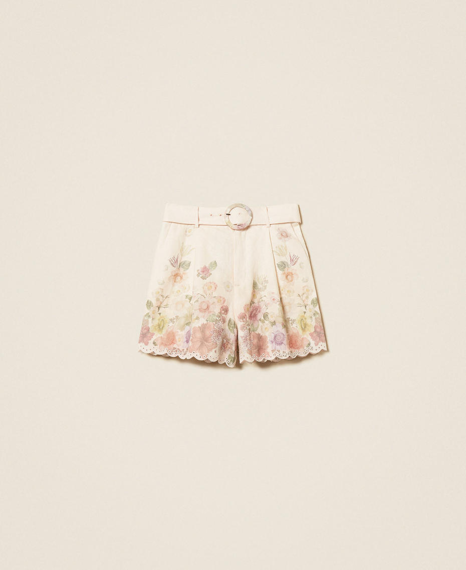 Linen floral shorts with embroidery Wildflowers Pastel Colour Print Woman 261TT2572_13588_S0
