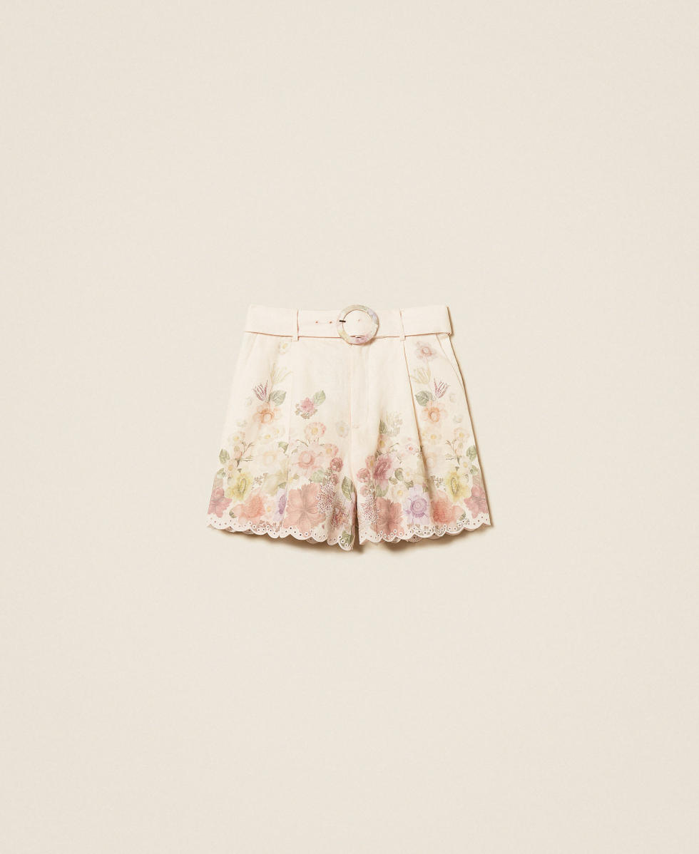 Linen floral shorts with embroidery