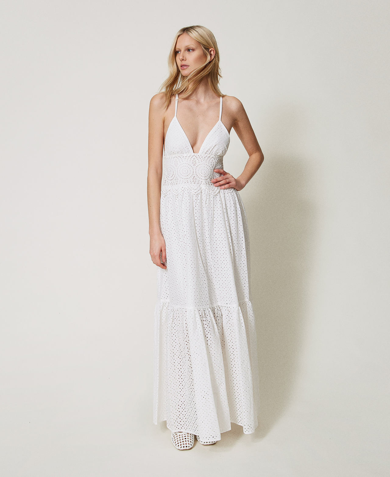 Maxikleid mit Lochstickereien und H&auml;kelarbeit Sugar Wei&szlig; Frau 251LM2VFF_00632_01