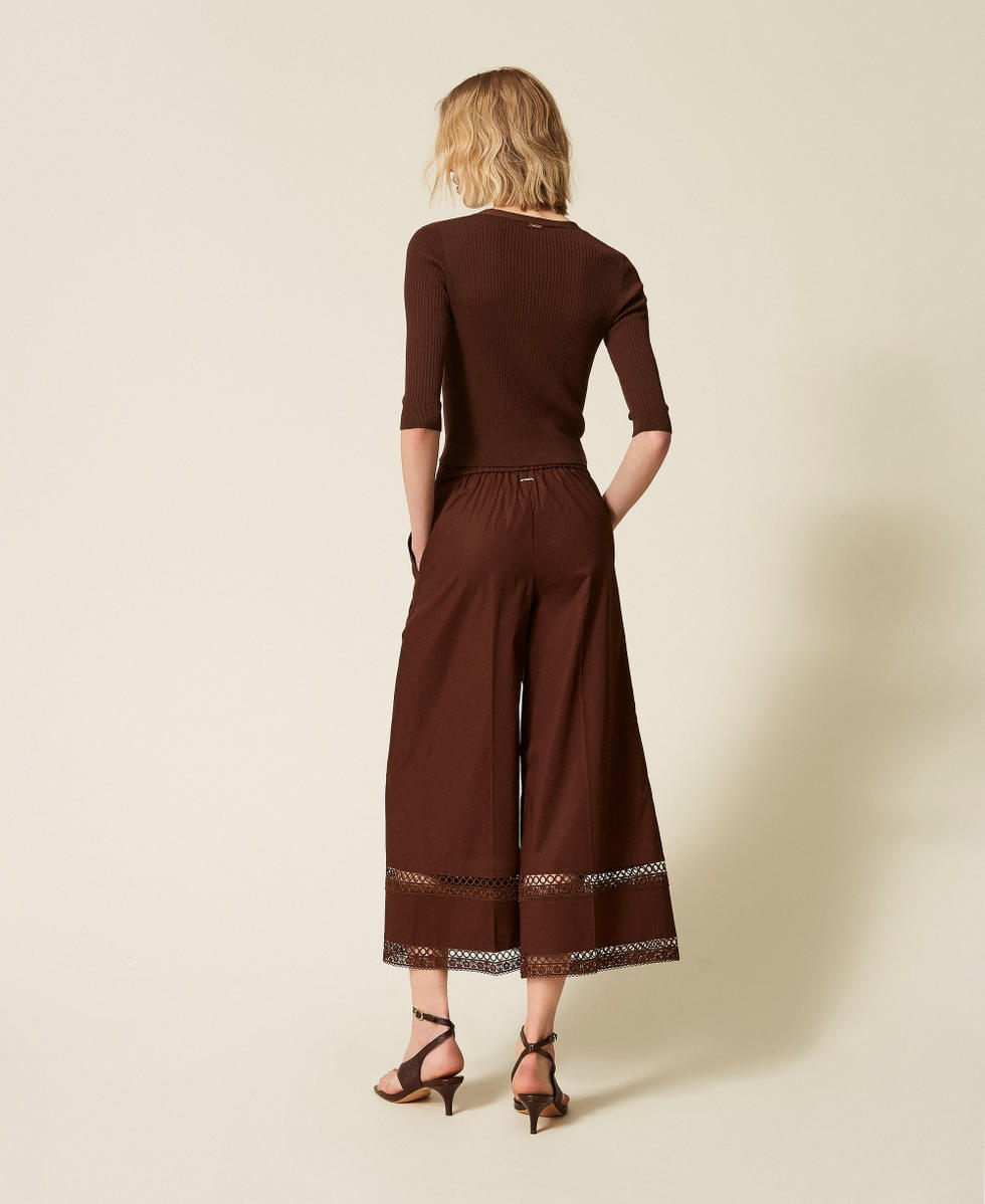 Wide poplin trousers with embroidery Woman, Brown | TWINSET Milano