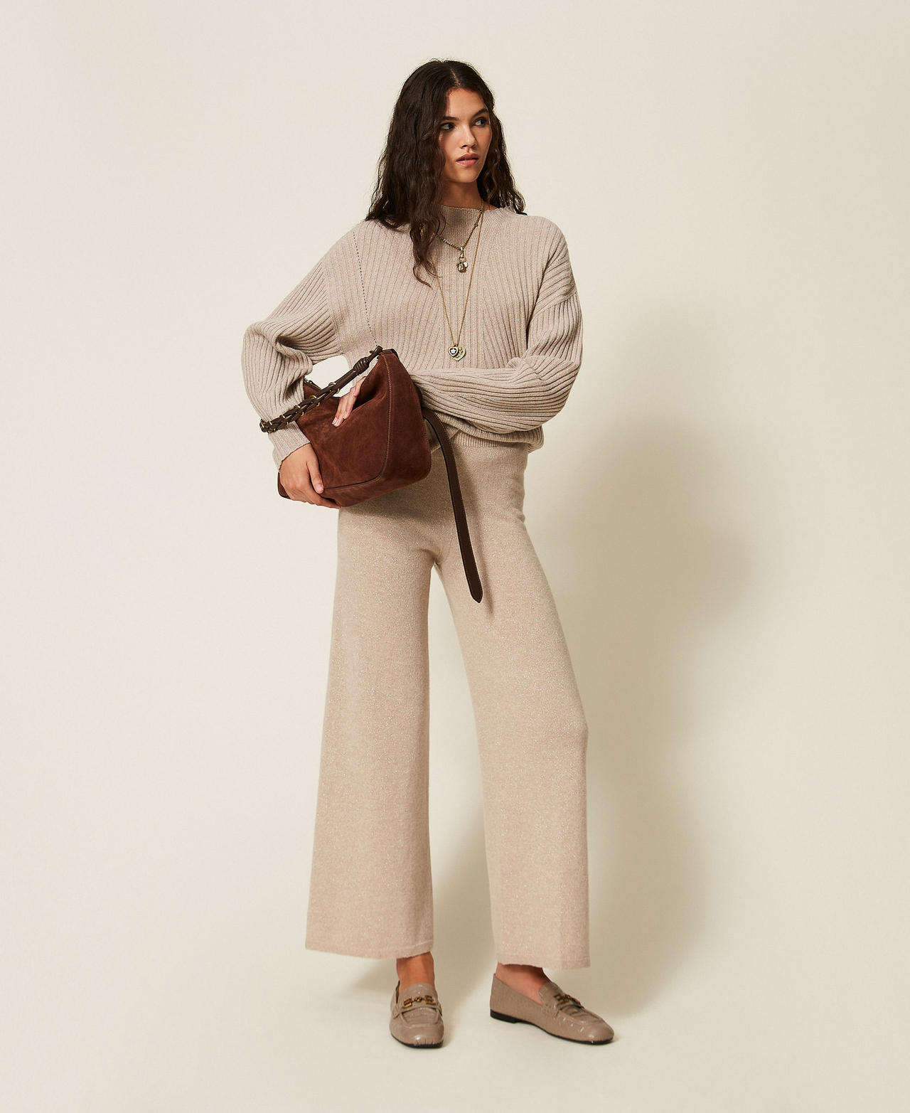 Pantalon palazzo en maille de laine mélangée