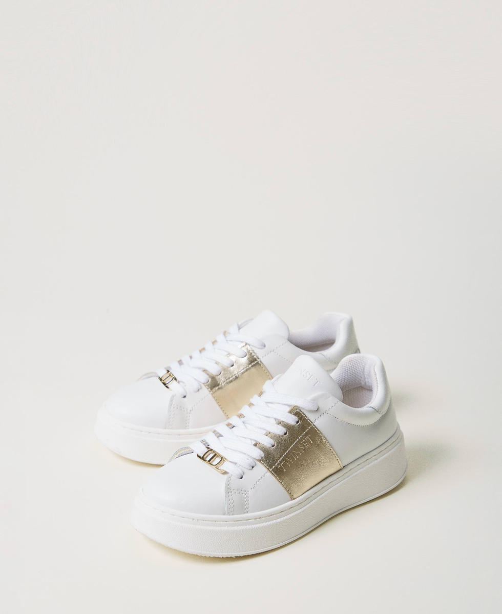 Leather trainers with laminated stripe Two-tone Optical White/Platinum Girl 251GCJ012_12173_02