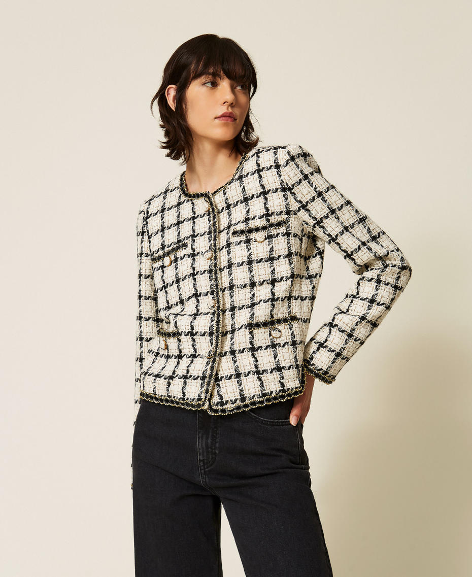 Boucl&eacute; jacket with check pattern Grey/Black/Gold Check Boucl&egrave; Woman 262TP2752_13859_04