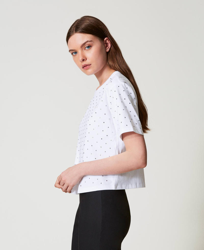 Boxy T-shirt with rhinestones "Papers" White Woman 251AP2210_00840_03
