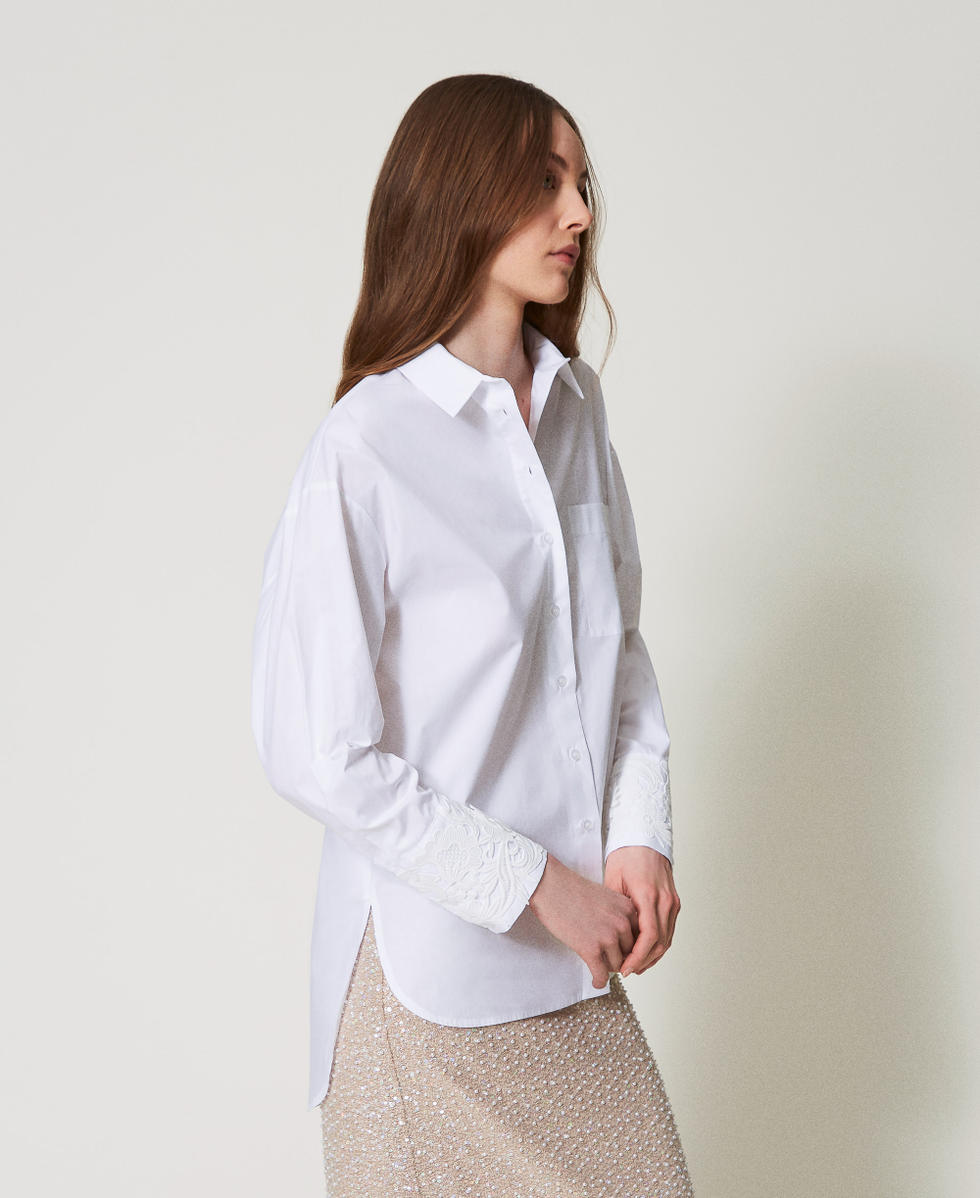 Chemise oversize en popeline avec dentelle Blanc Femme 251TP2280_00001_06