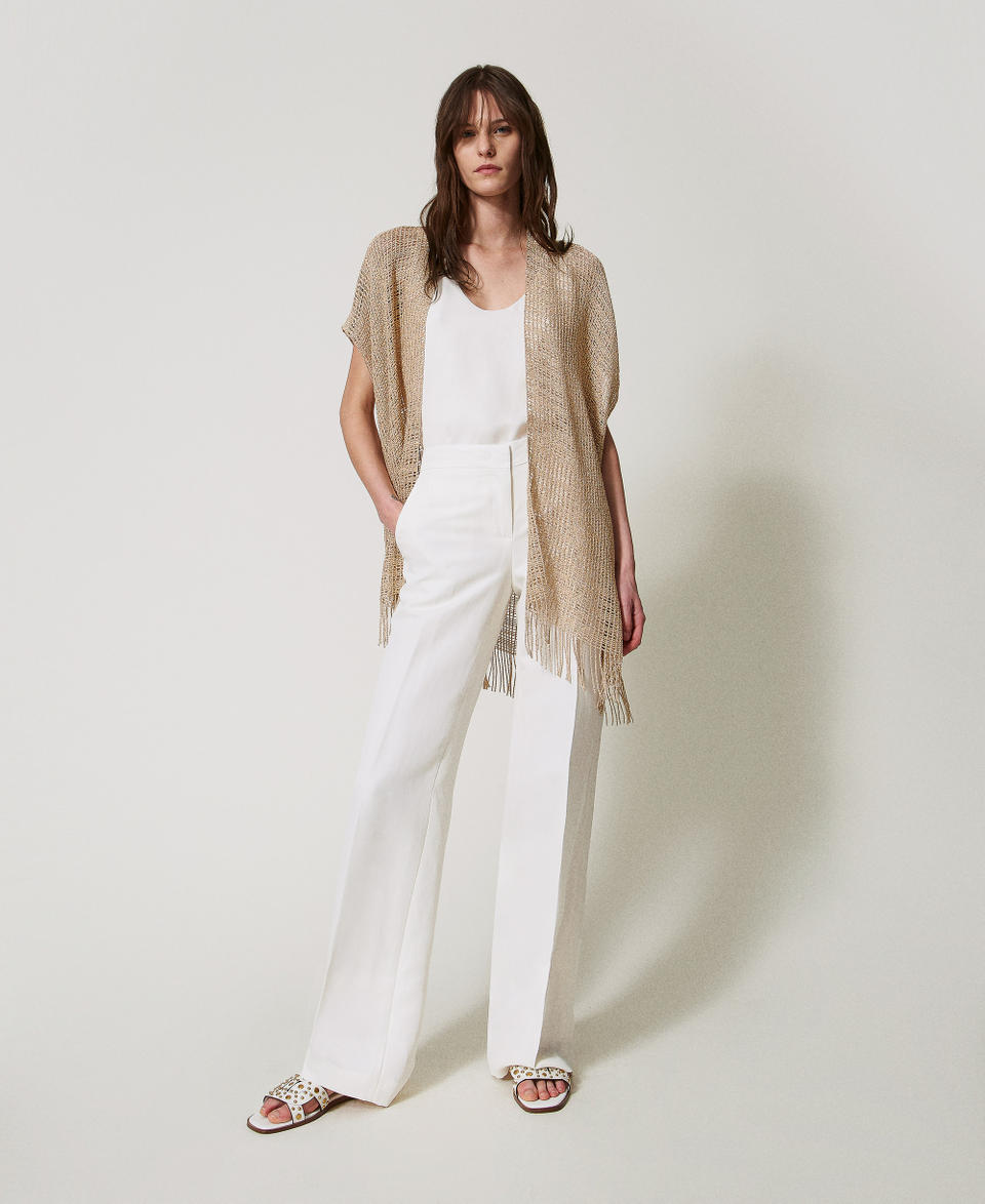 Short mesh and lurex kaftan with fringes Pale "Ginger Root” Beige Woman 251TO5190_11640_0T