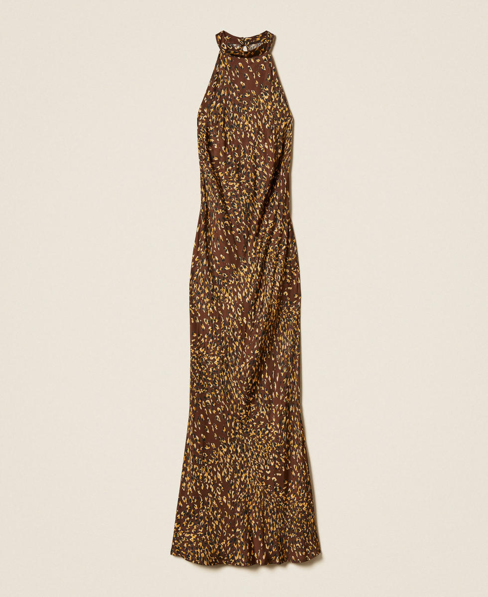 Neckholder-Maxikleid aus Satin mit Animaldessin Animal Print Brown / Gold Frau 262TP275H_13873_S0