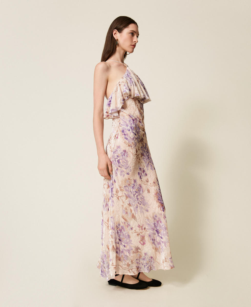 Robe en m&eacute;lange de velours et soie avec fleurs