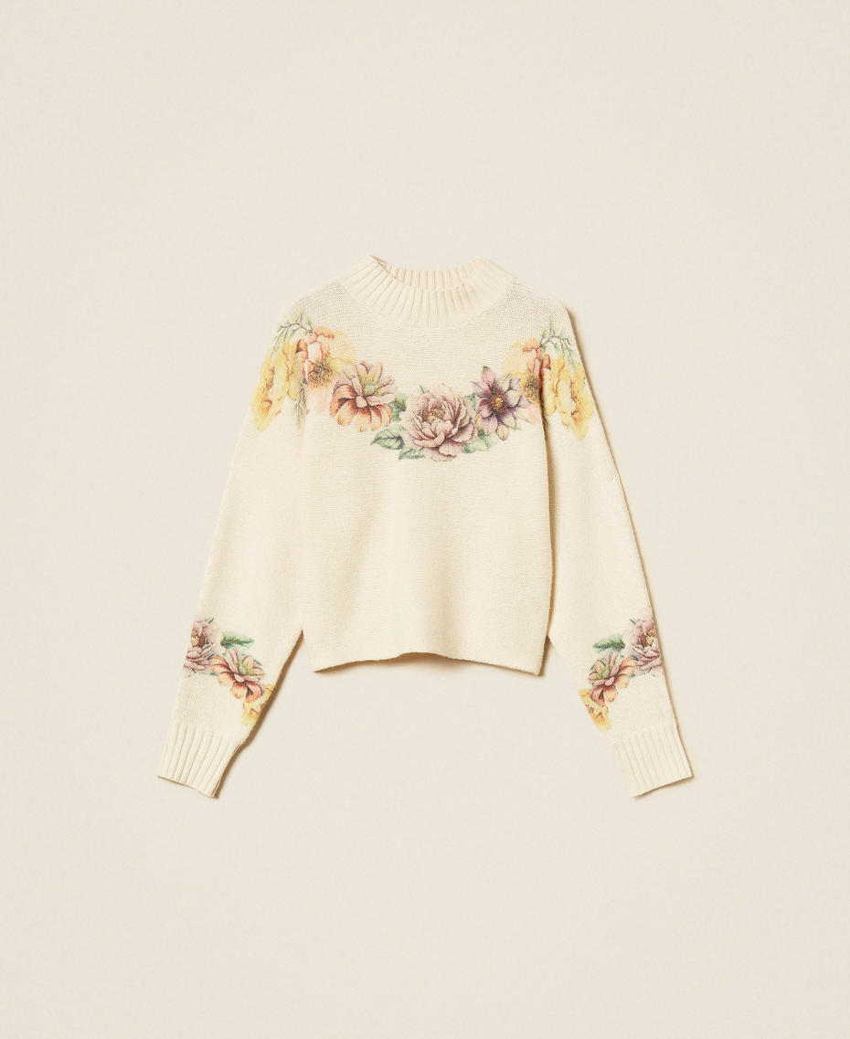Pullover aus Wollmischung mit Print Flowers-Print / Perlmutt Frau 262TT3460_14177_S0