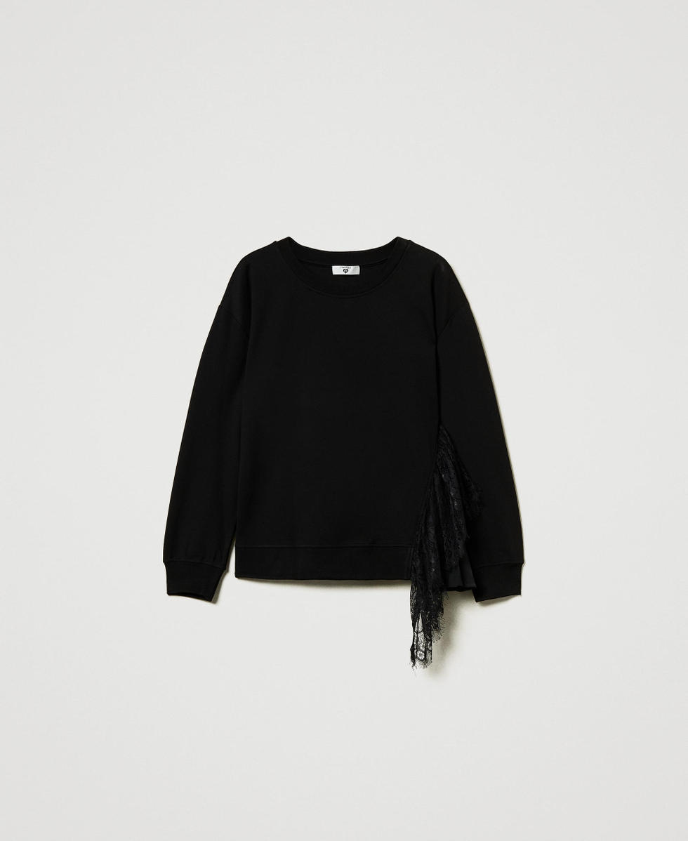 Sweatshirt with pleated insert with lace Black Woman 242LL2JCC_00006_S0