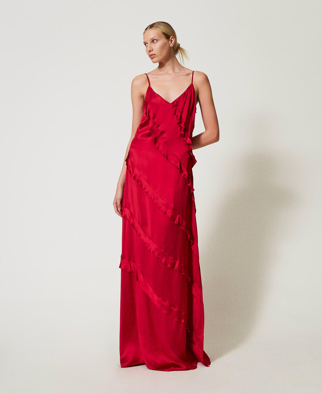 Long satin dress with ruffles Venetian Red Woman 242TT2431_00740_01