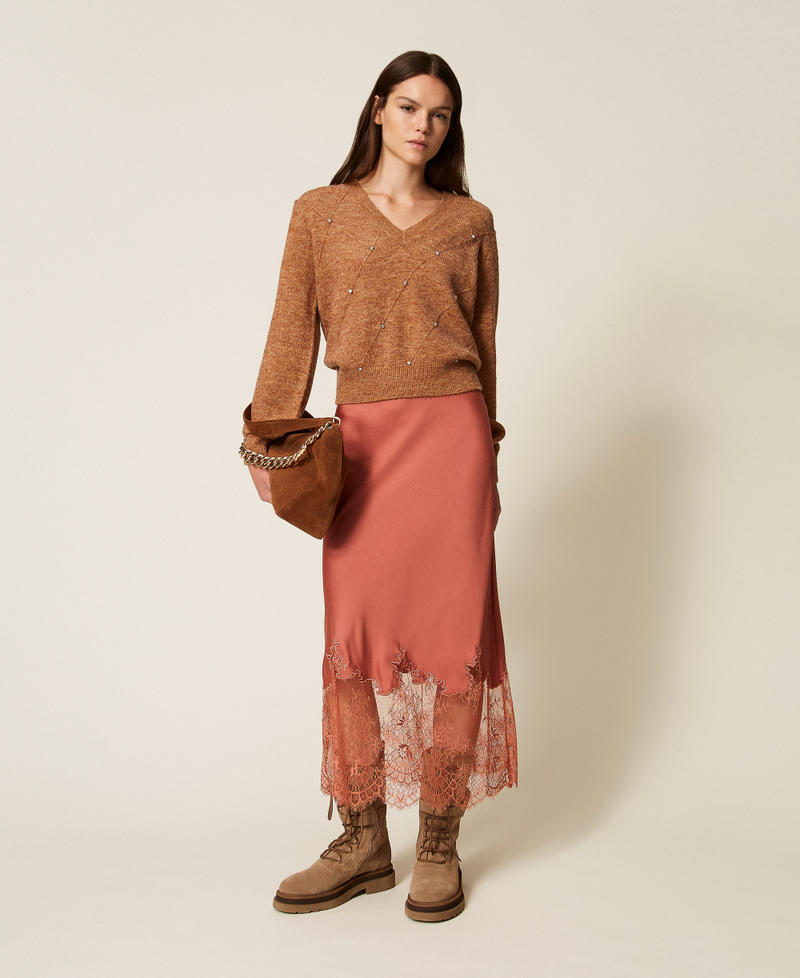 Pull avec losanges et broderie Camel Chiné Femme 252LL3ABB_12813_T0