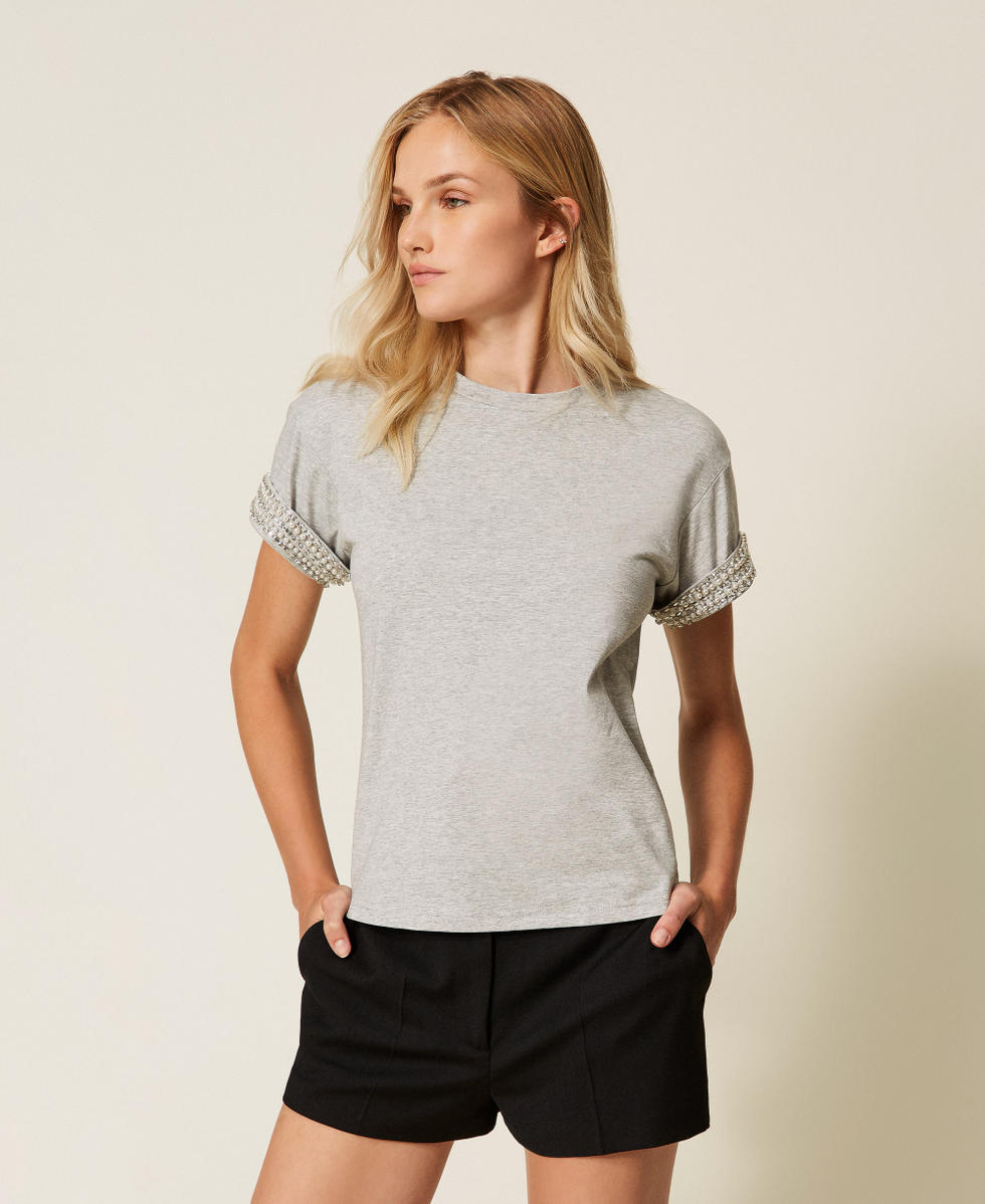 T-shirt en jersey avec strass et perles Gris M&eacute;lang&eacute; Femme 252LI2MLL_00082_01