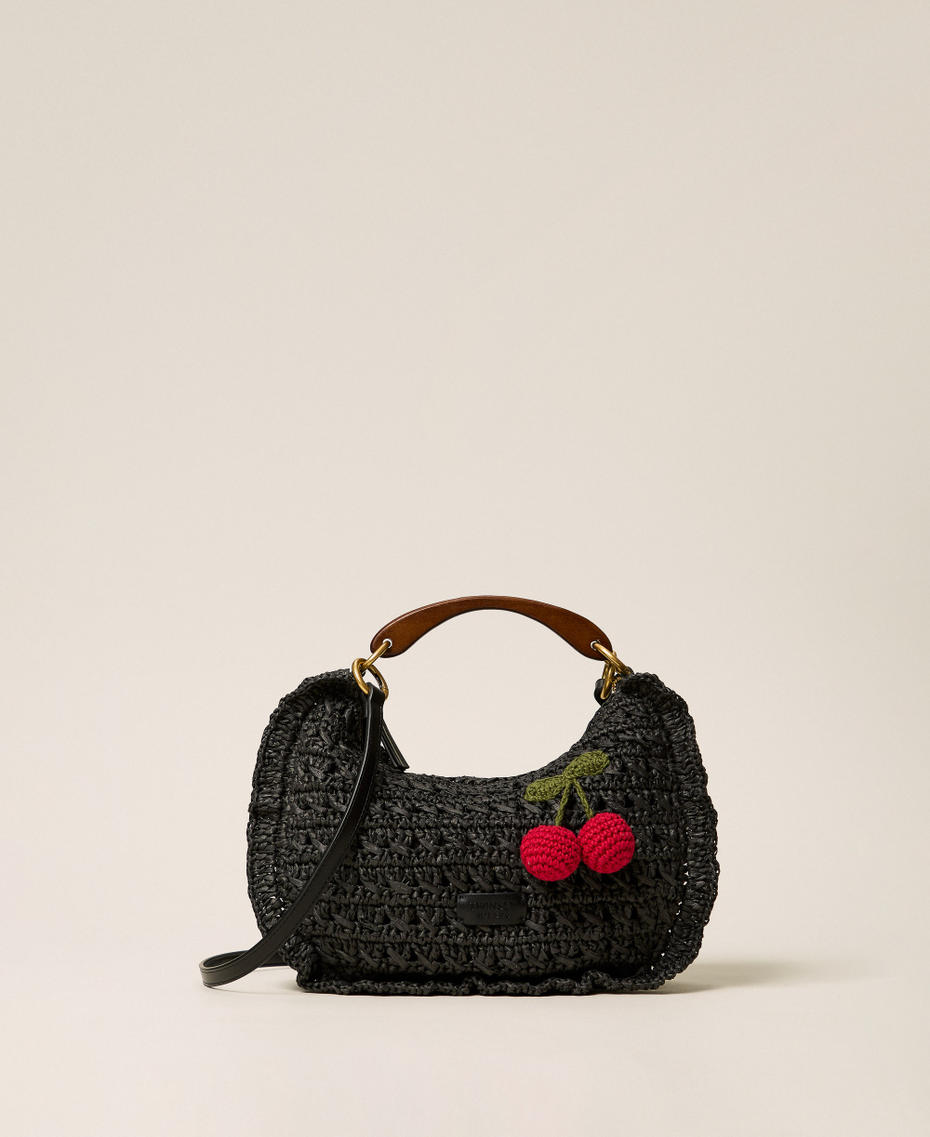 Crochet raffia Croissant bag with cherries Black Woman 261TD8301_00006_01