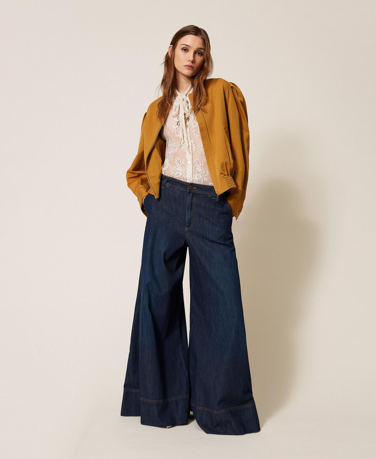 Palazzo jeans with stitching Dark Denim Woman 261TP2671_01313_01