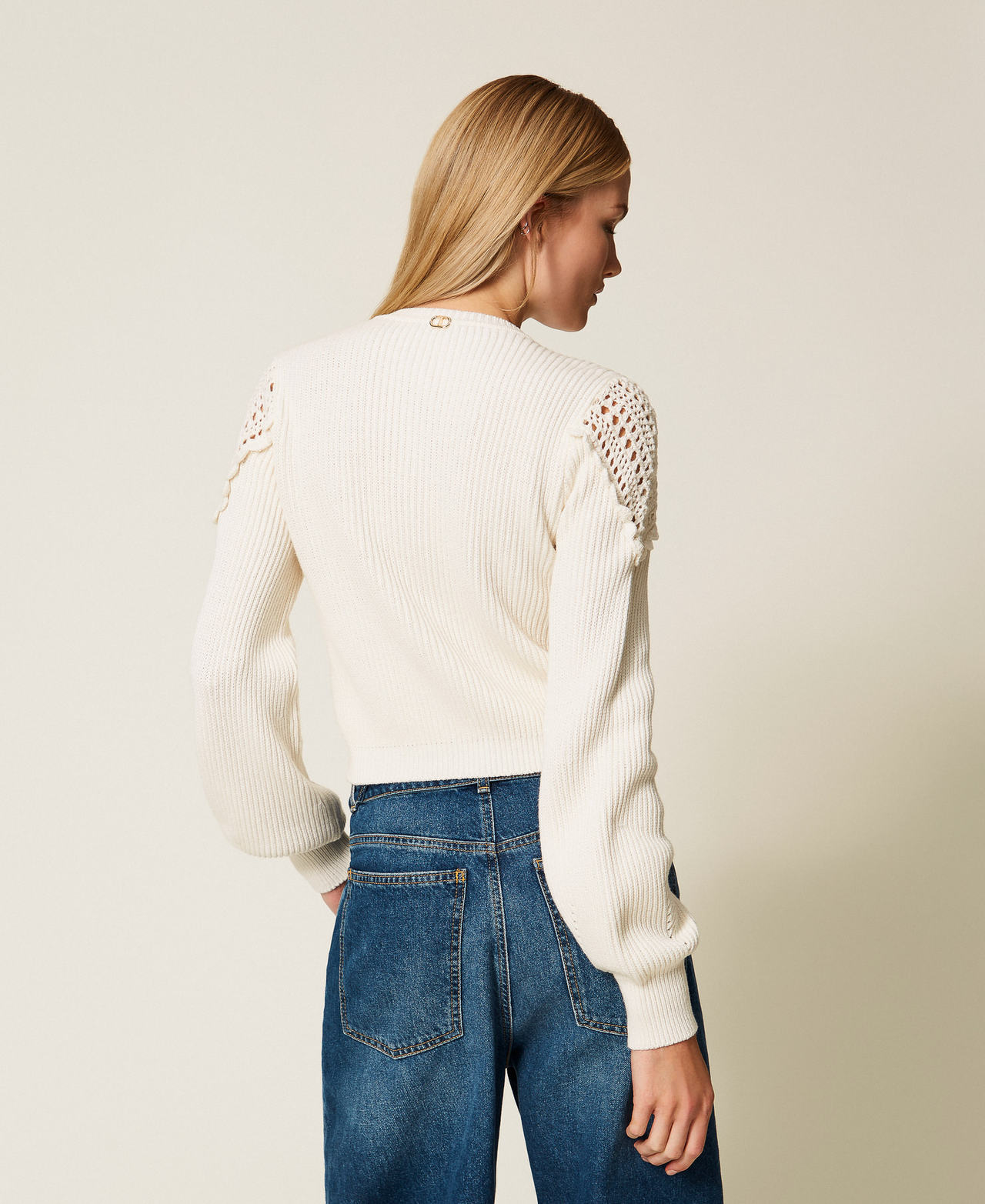 Wool blend cardigan with crochet details "Parchment" Beige Woman 252TP3100_07222_03