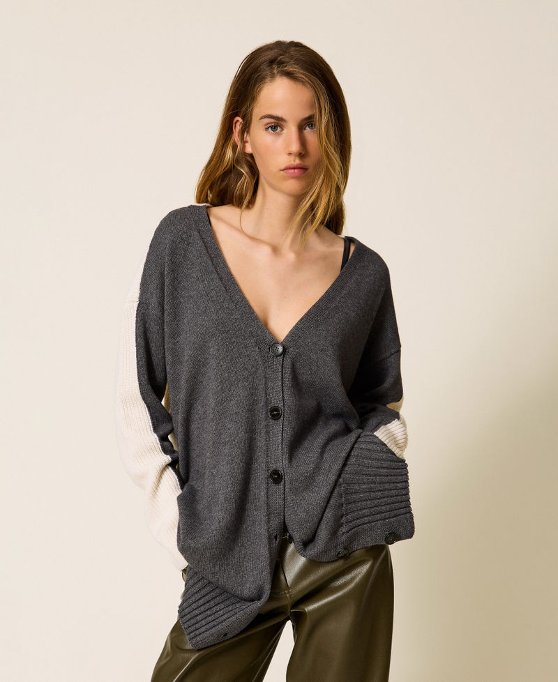 Cardigan long en laine mélangée Bicolore Gris Foncé Chiné/Blanc « Neige » Femme 252TF3022_12997_01