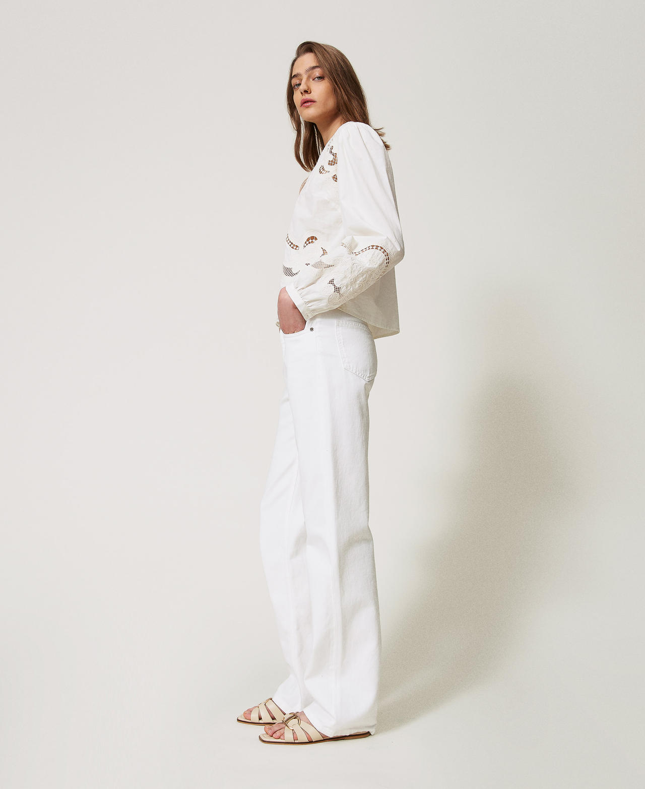 Trousers in floral bull White Denim Woman 251TT2210_01226_02