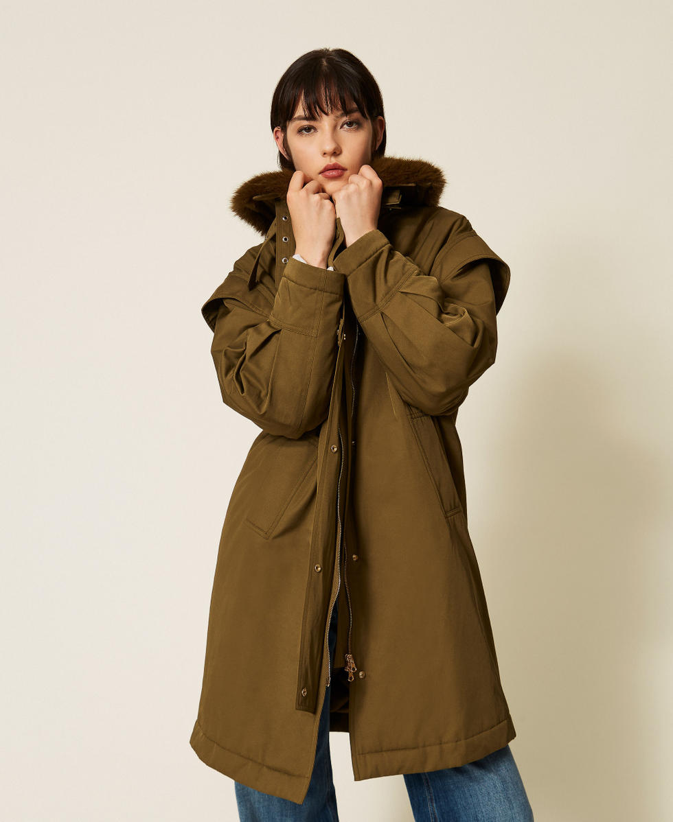 Gabardine parka coat with faux fur collar Beech Green Woman 262TP2180_12537_01