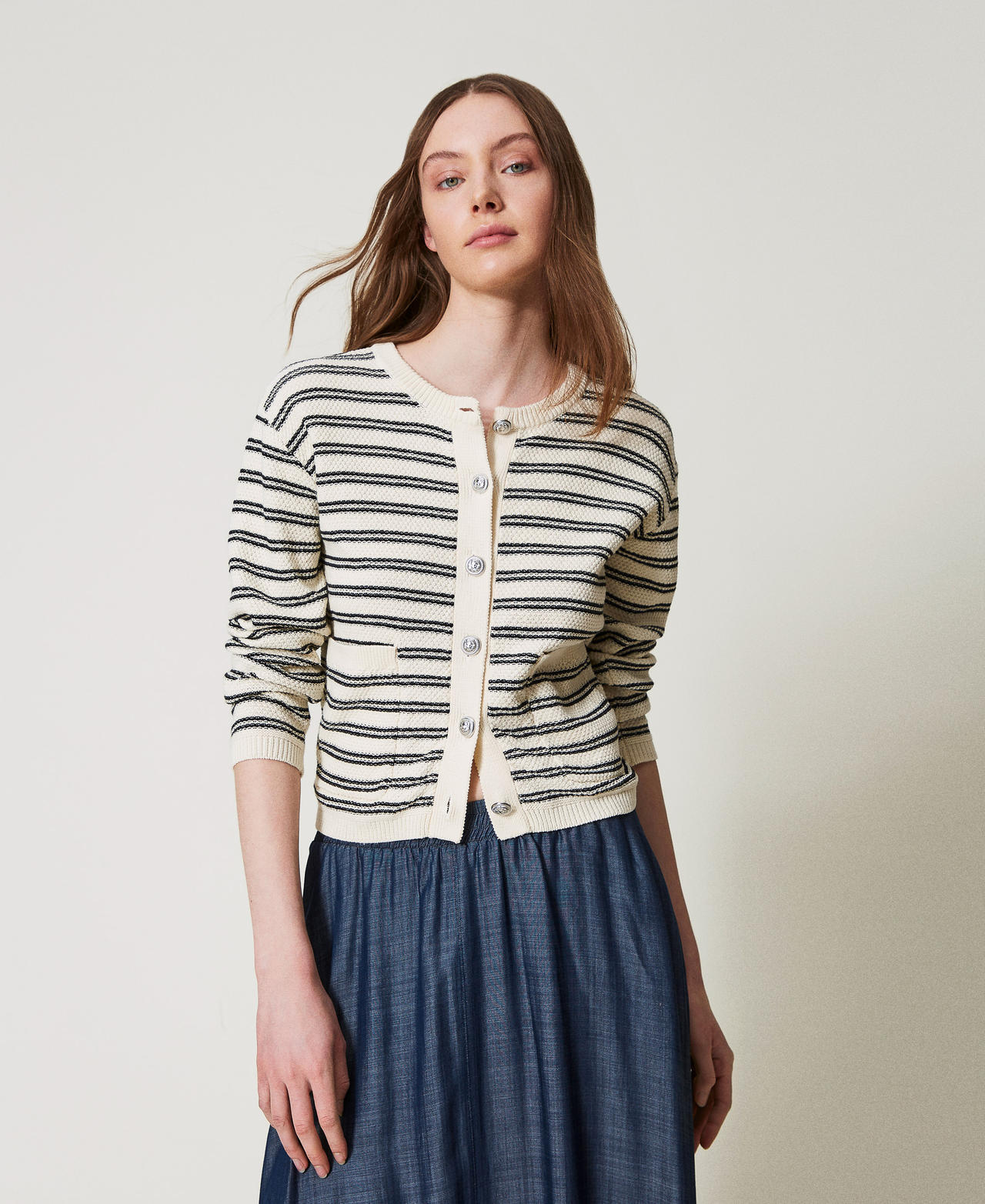 Giacca in maglia a righe Nero / Beige Donna 251LL3QBB_01571_02