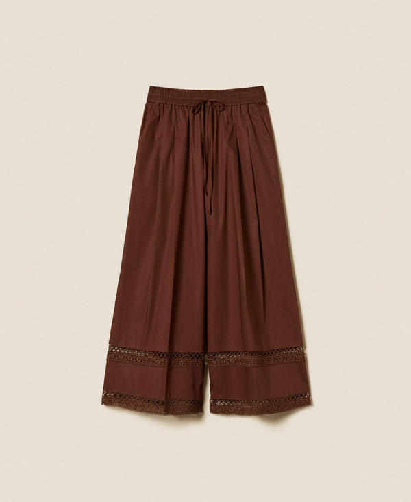 Wide poplin trousers with embroidery