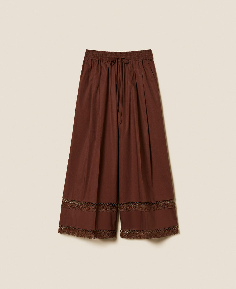 Wide poplin trousers with embroidery