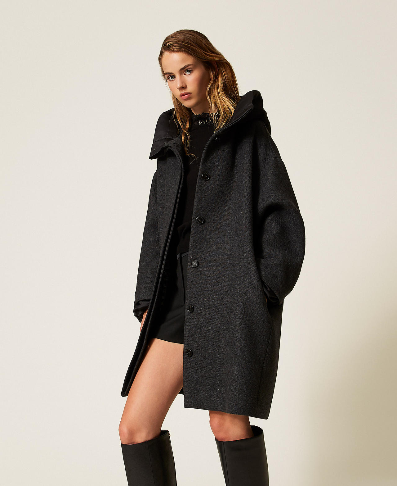 Wool and duchesse coat Two tone Charcoal/Black Woman 252TF2060_12897_02