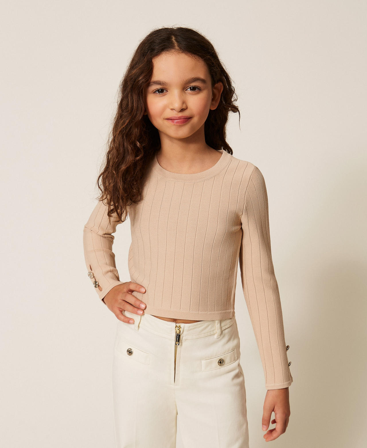 Twinset Girls Safari Beige Openwork Jumper With Buttons