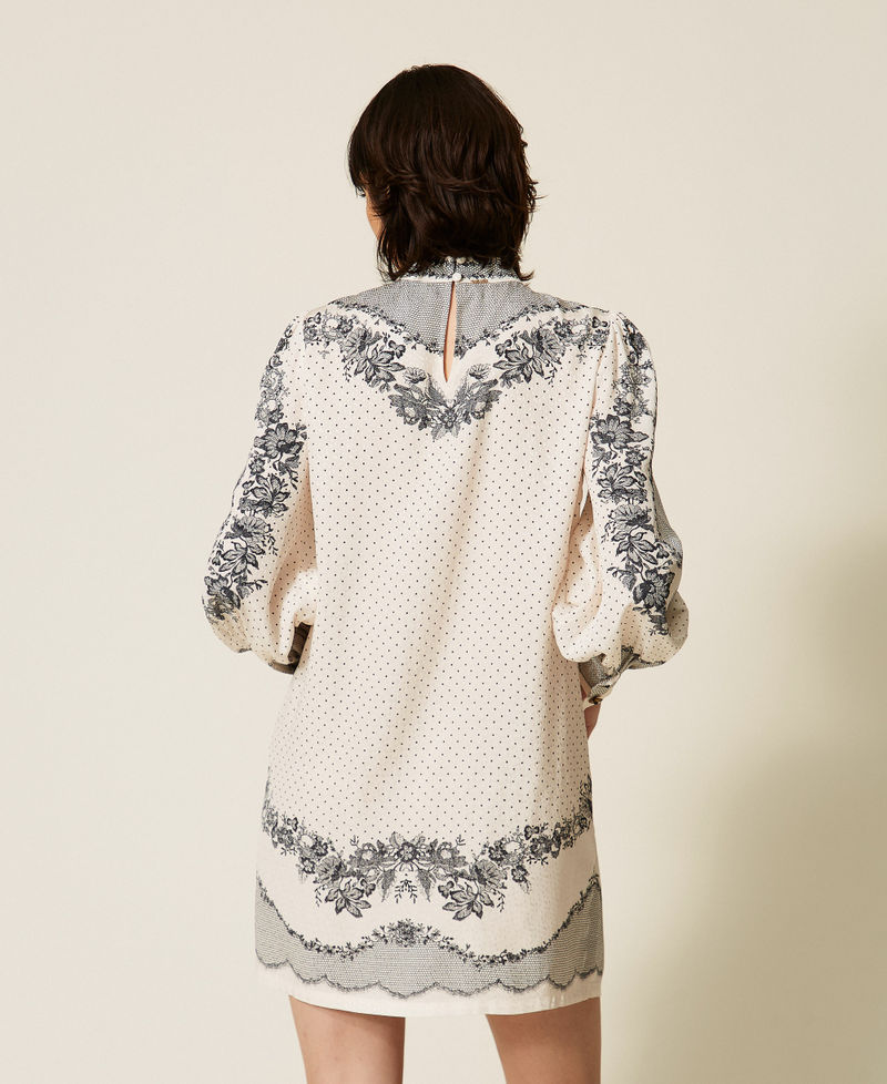 Abito corto in raso jacquard a fiori e pois Stampa Lace And Flowers Nero / Madreperla Donna 262TP267C_13947_04