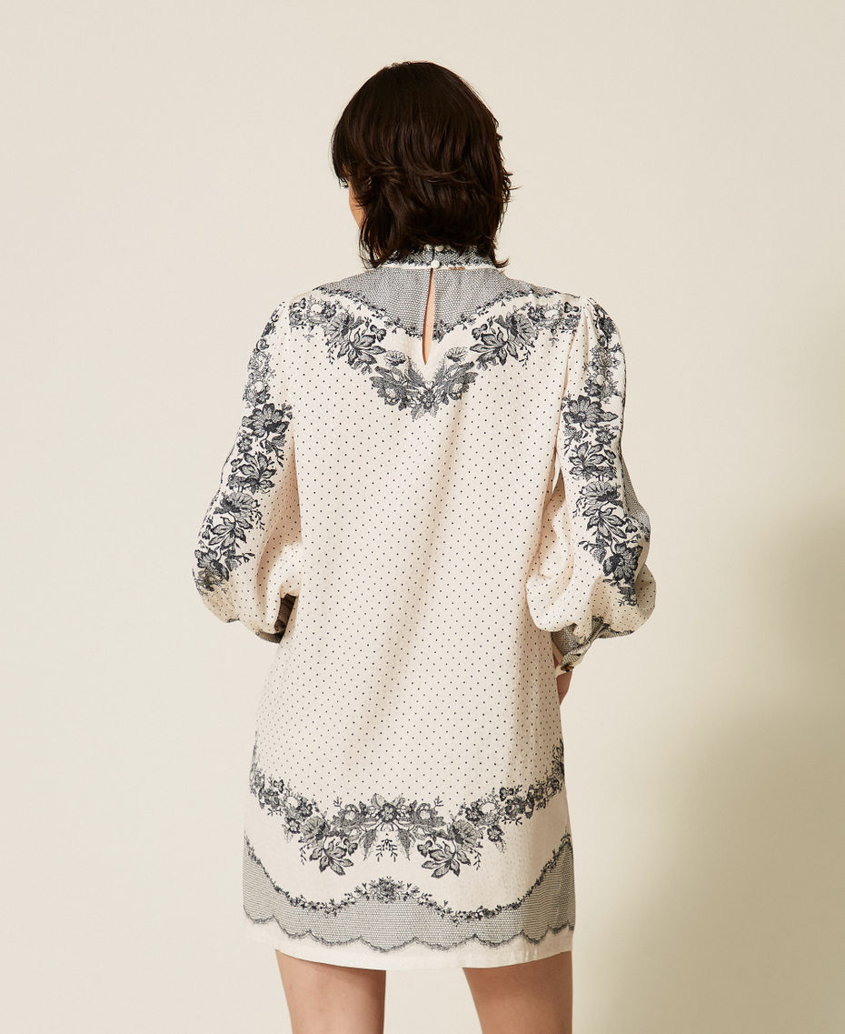 Abito corto in raso jacquard a fiori e pois Stampa Lace And Flowers Nero / Madreperla Donna 262TP267C_13947_04