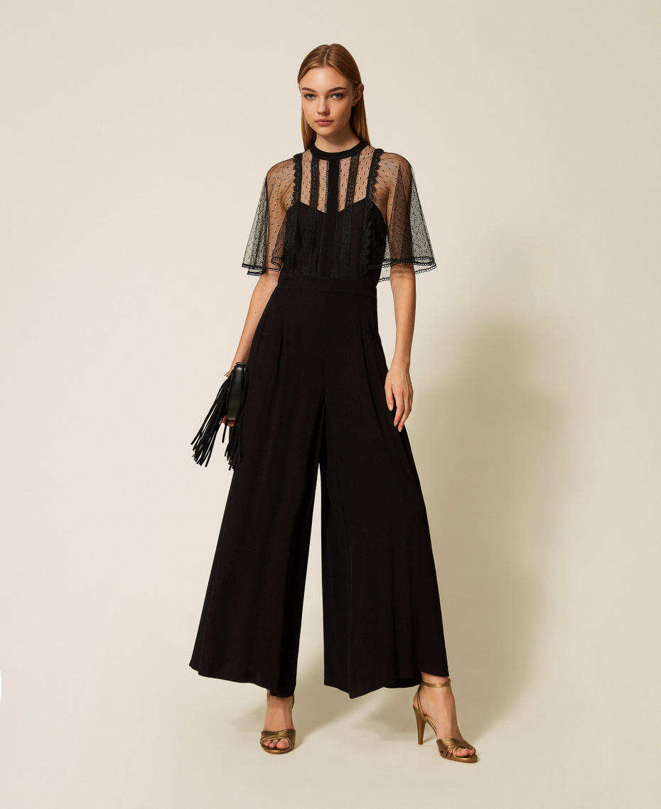 Crêpe and plumetis tulle jumpsuit Black Woman 252TT2340_00006_01