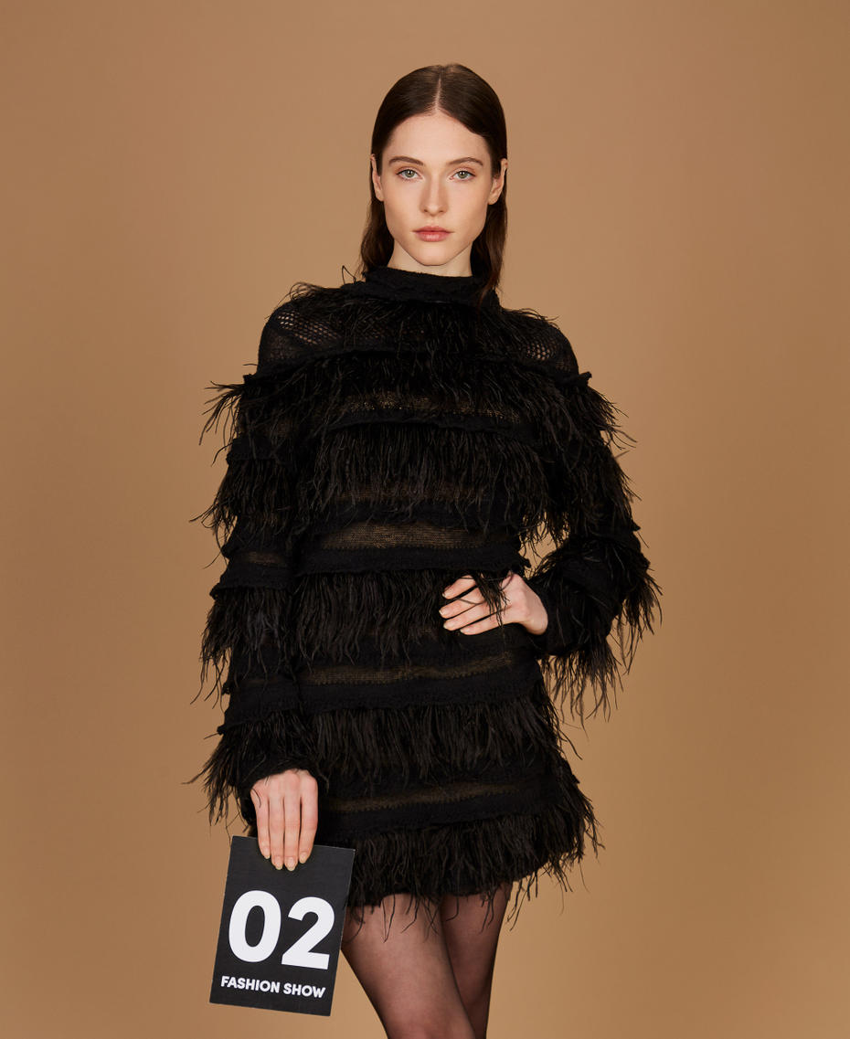 Short knit dress with feathers Black Woman 252TS3240_00006_PS