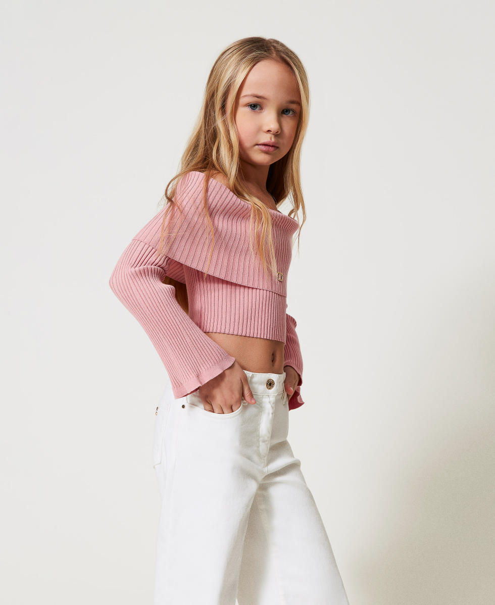 Off-shoulder rib jumper with Oval T