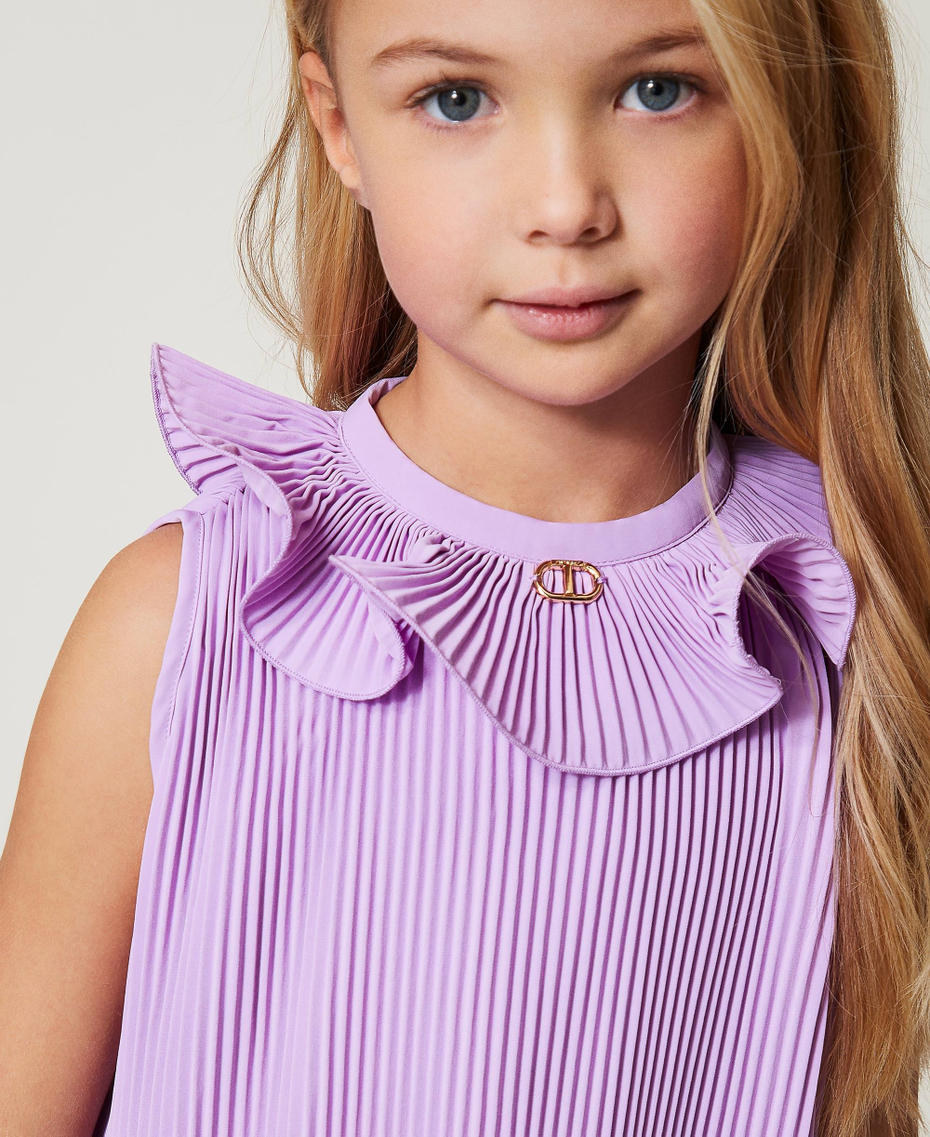 Pleated crêpe de Chine short dress Pastel Violet Girl 251GJ2QQ6_11862_04