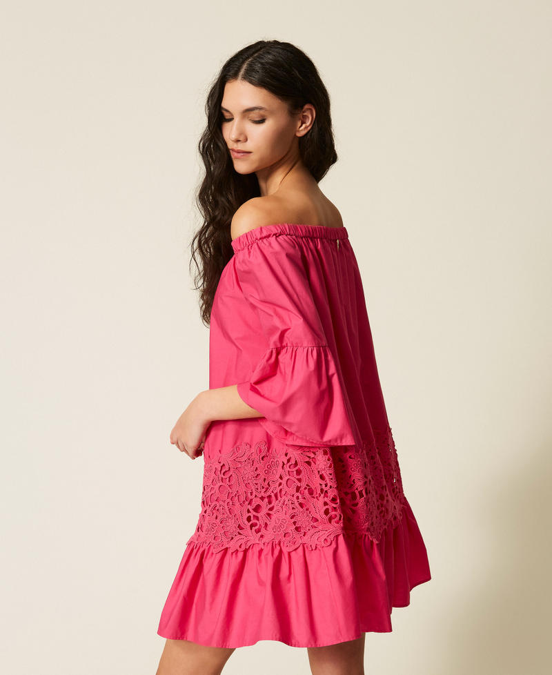 Short poplin kaftan with macram&eacute; Cyclamen Fuchsia Woman 261LB2AEE_13188_01