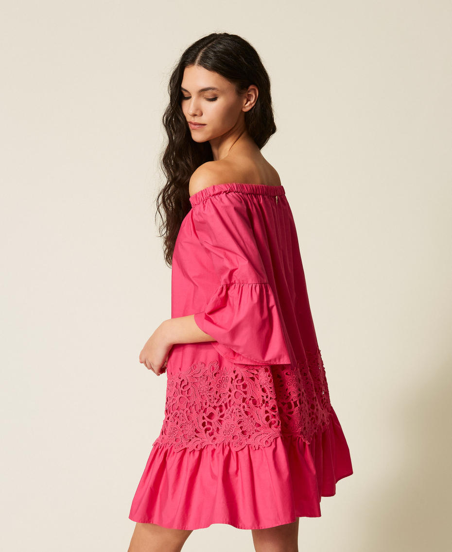 Short poplin kaftan with macram&eacute; Cyclamen Fuchsia Woman 261LB2AEE_13188_01