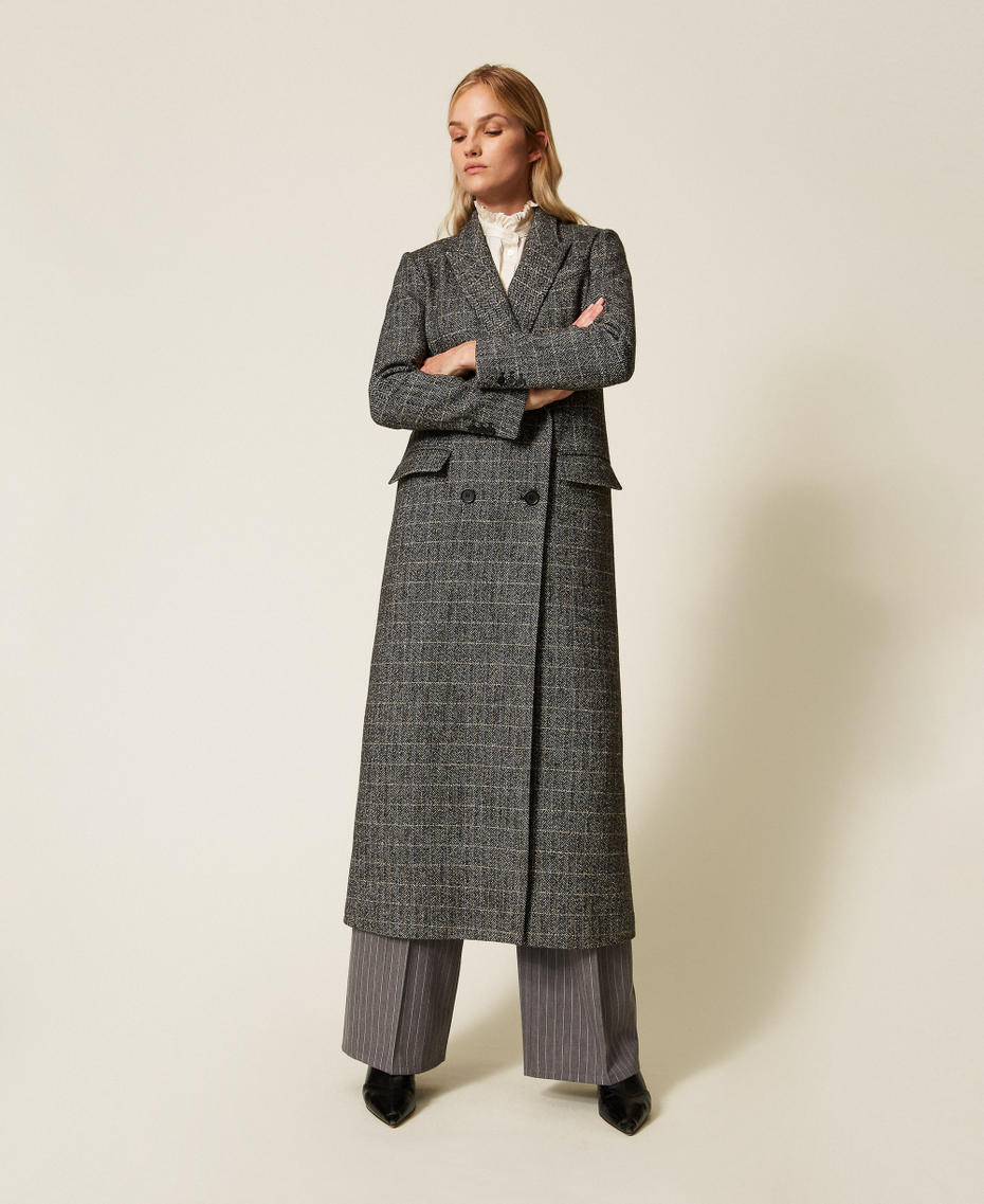 Wool blend long coat with lurex Black/Gold Herringbone Woman 252TT2041_13026_04
